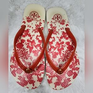 Tory Burch Red Gingham Slides Flip Flops Thongs Sandals Size 8.5